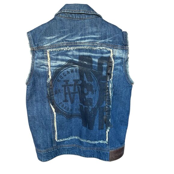 Rocawear Jean Vest Mens Medium Cotton Y2K Raw Hem Button Up Denim Logo - Picture 2 of 15